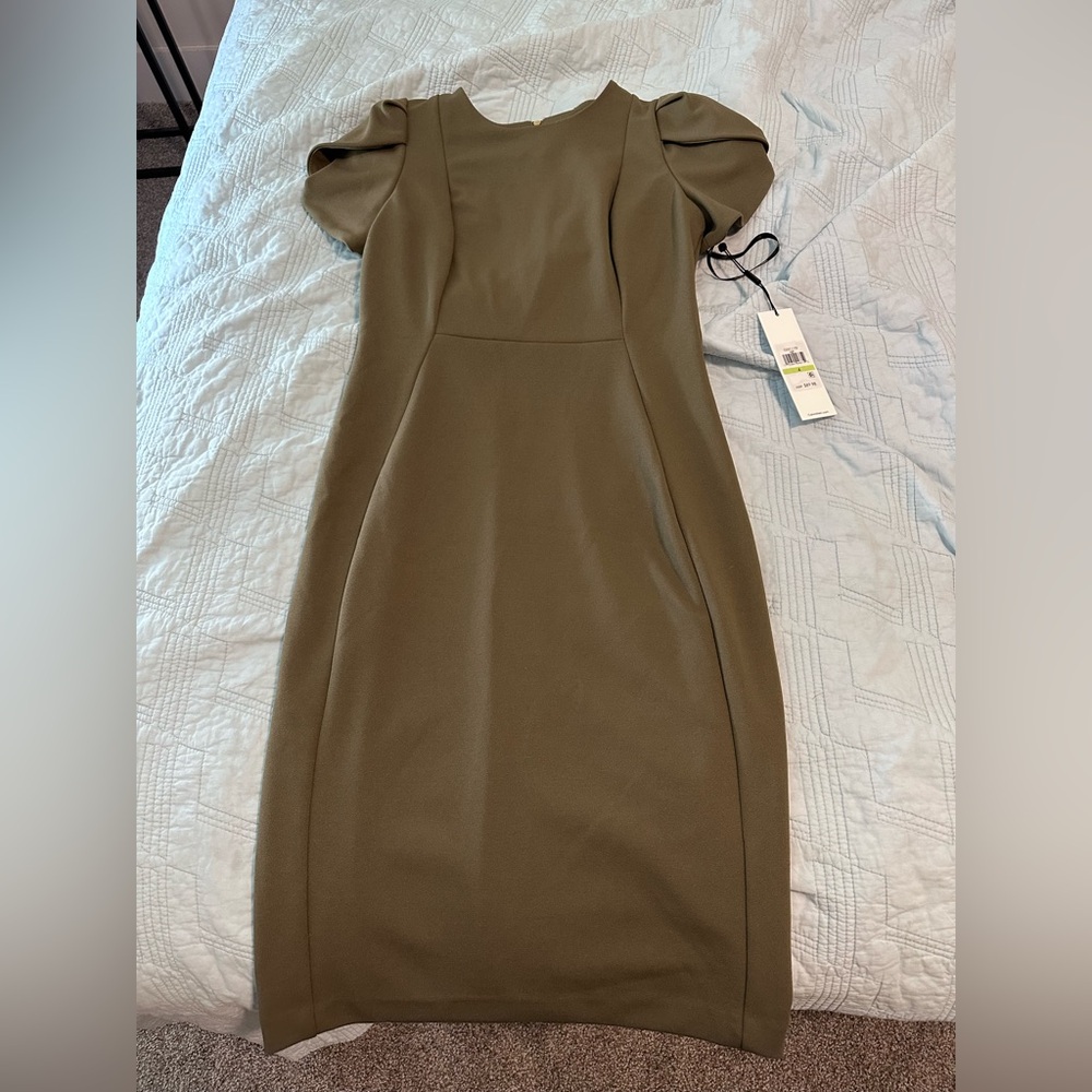 NWT Calvin Klein size 4 tulip sleeve sheath dress olive